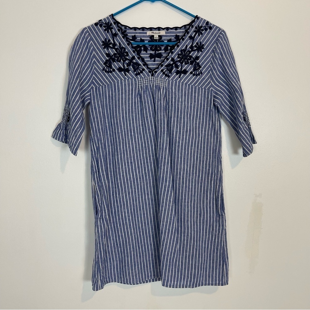 Madewell Breeze Embroidered Shift Dress v neck striped 2/3 sleeve pocket size S
